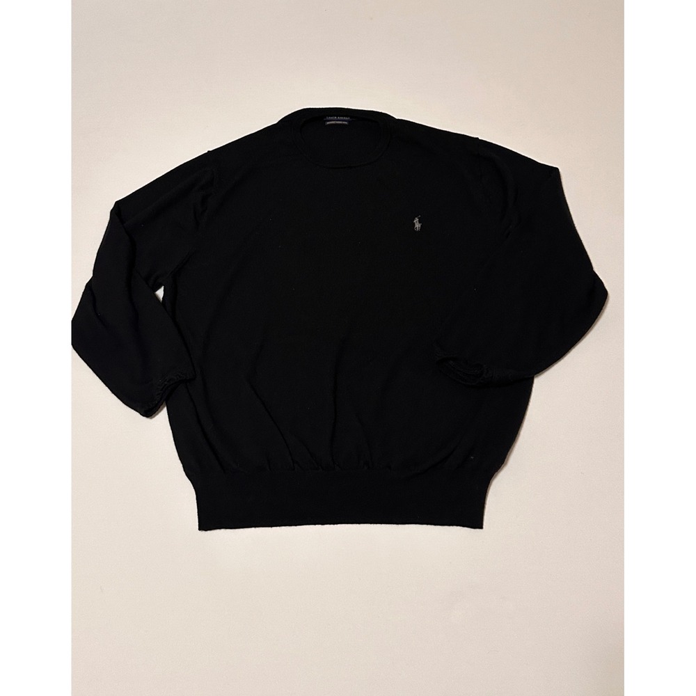 Polo Ralph Lauren Mens XXL Black Washable Merino Wool Crewneck Sweater 3/4Sleev